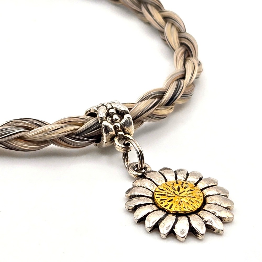 Braided Horsehair Bracelet Sunflower Charm Adjustable Leather Toggle‎ Two-Tone